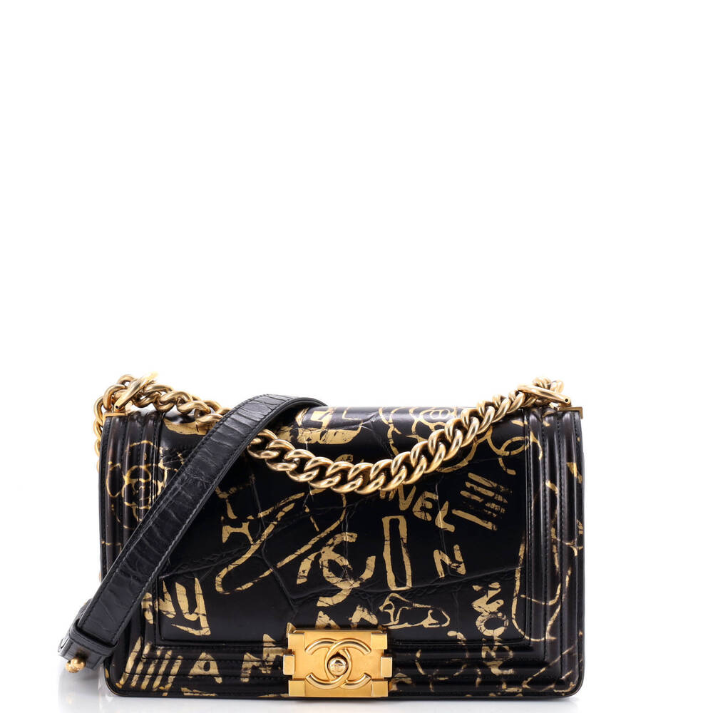 Chanel Old Medium Boy Flap Bag Graffiti Crocodile Embossed Calfskin